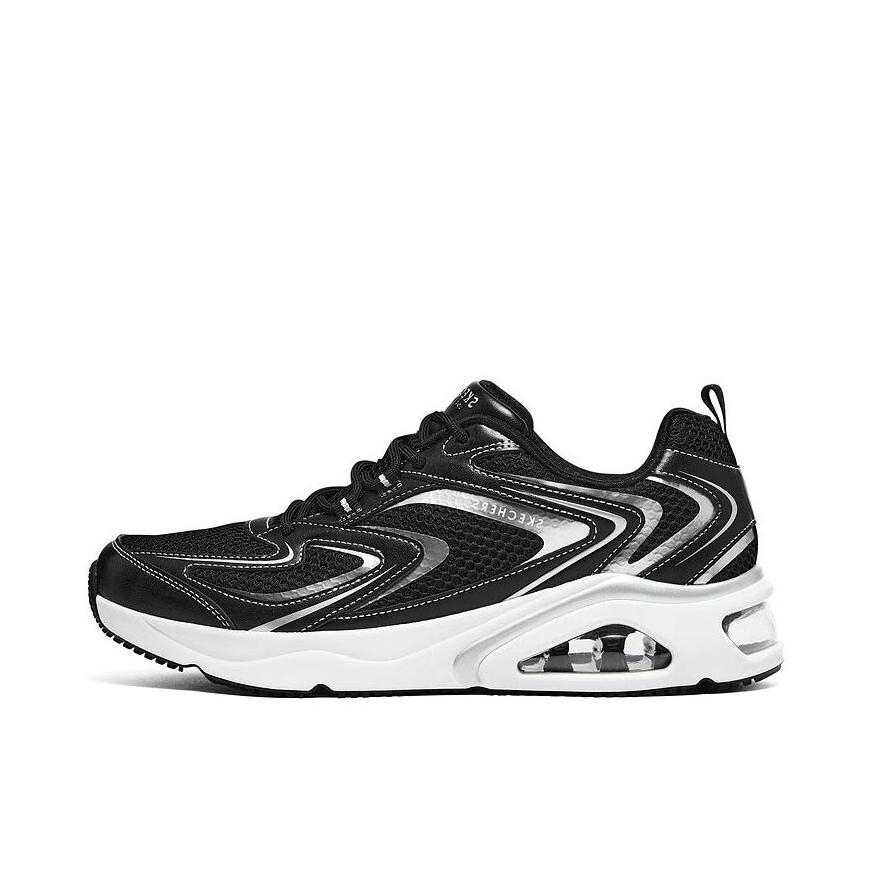 推荐商品：【成毅同款】 Skechers/斯凯奇 Street Tres-Air Uno 运动休闲鞋 减震网布透气防滑耐磨舒适百搭软底绑带织物增高拼接 黑色
