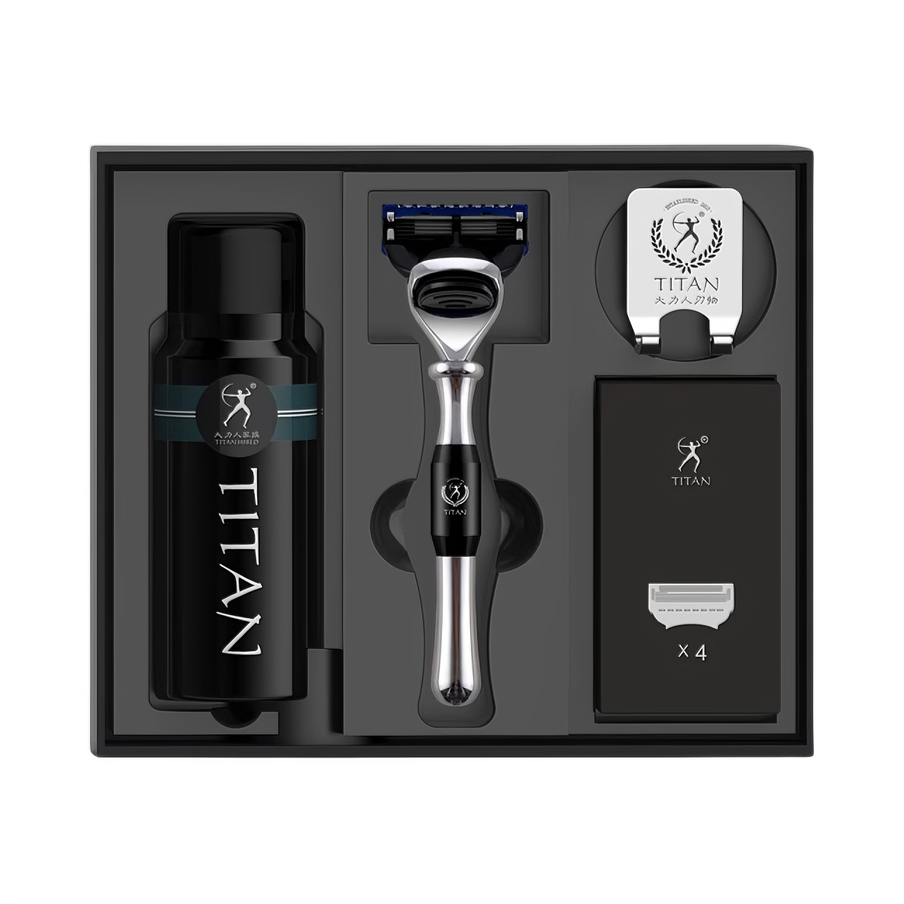 推荐商品：TITAN/大力人 进口5层刀片男士手动老式剃须刀套装 黑银简易包装