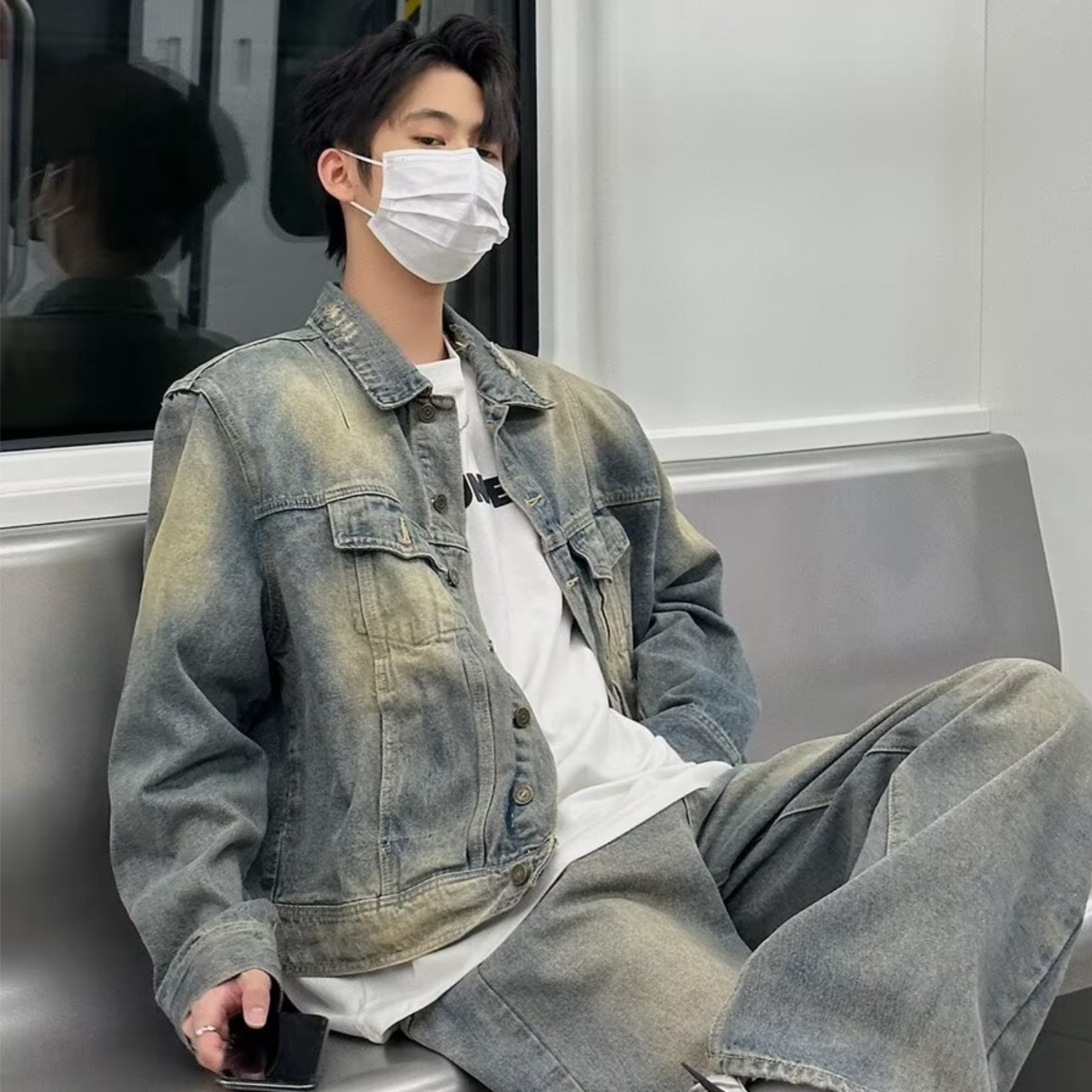 水洗牛仔复古翻领休闲套装 基础色
