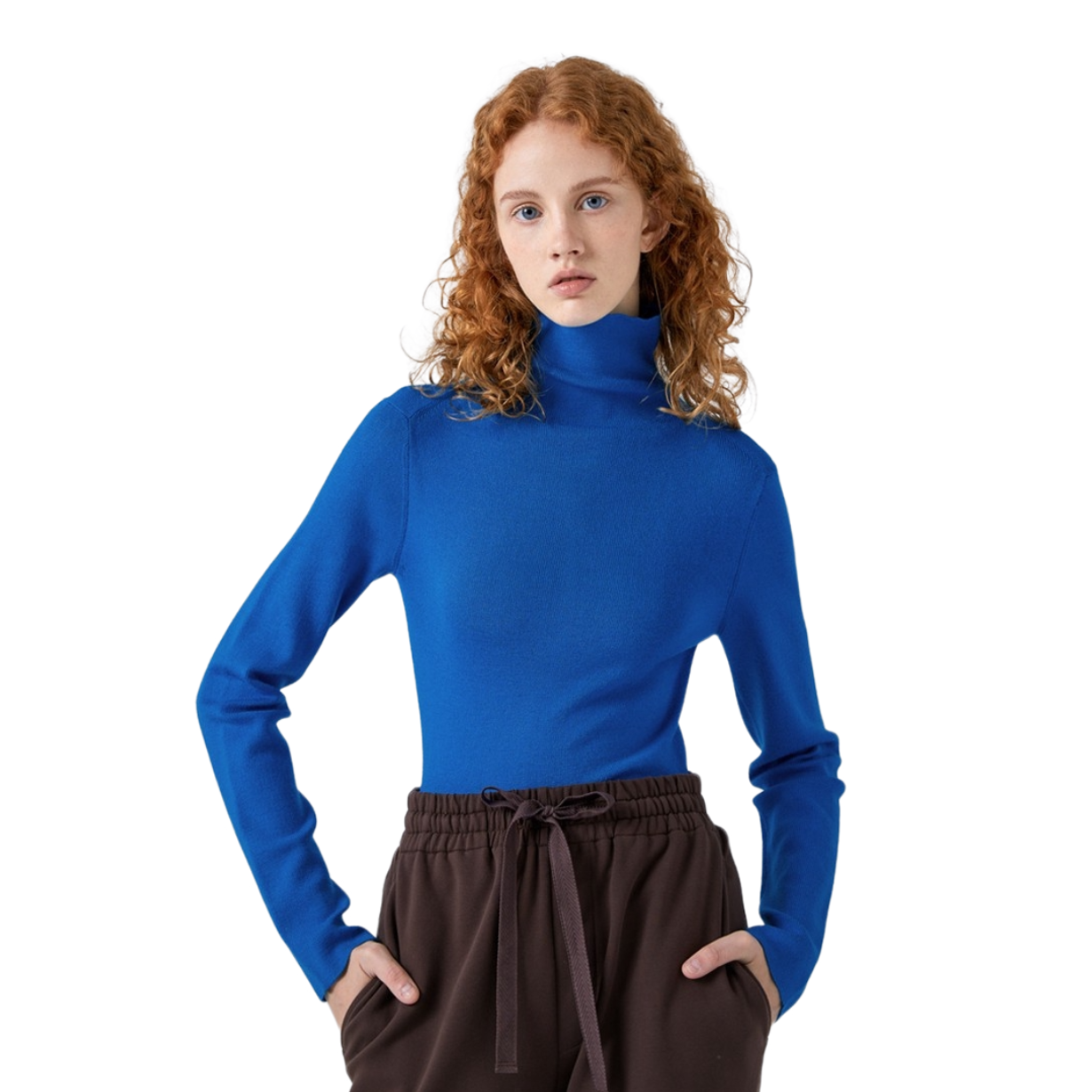 推荐商品：EIN/言  文艺堆堆领修身纯绵羊毛长袖无缝套头针织衫 女装 WK0802331 克莱因蓝