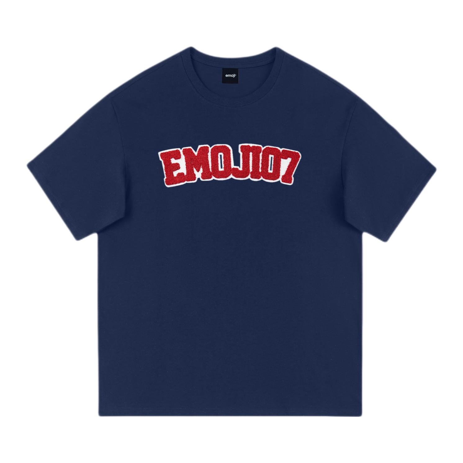 推荐商品：Emoji  纯色纯棉美式植绒毛巾刺绣套头落肩圆领短袖T恤 男女同款 24NA768TS0014 藏青/红毛巾绣