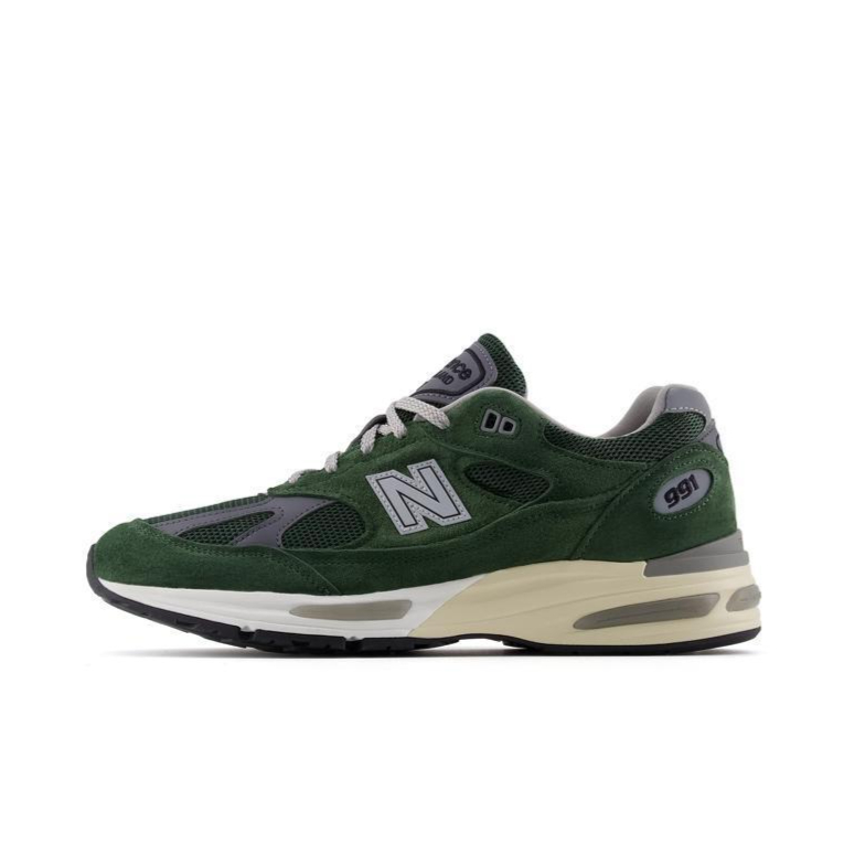 推荐商品：New Balance 991 v2 跑鞋 防滑耐磨网布透气绒面皮合成革舒适圆头复古贴合 绿色
