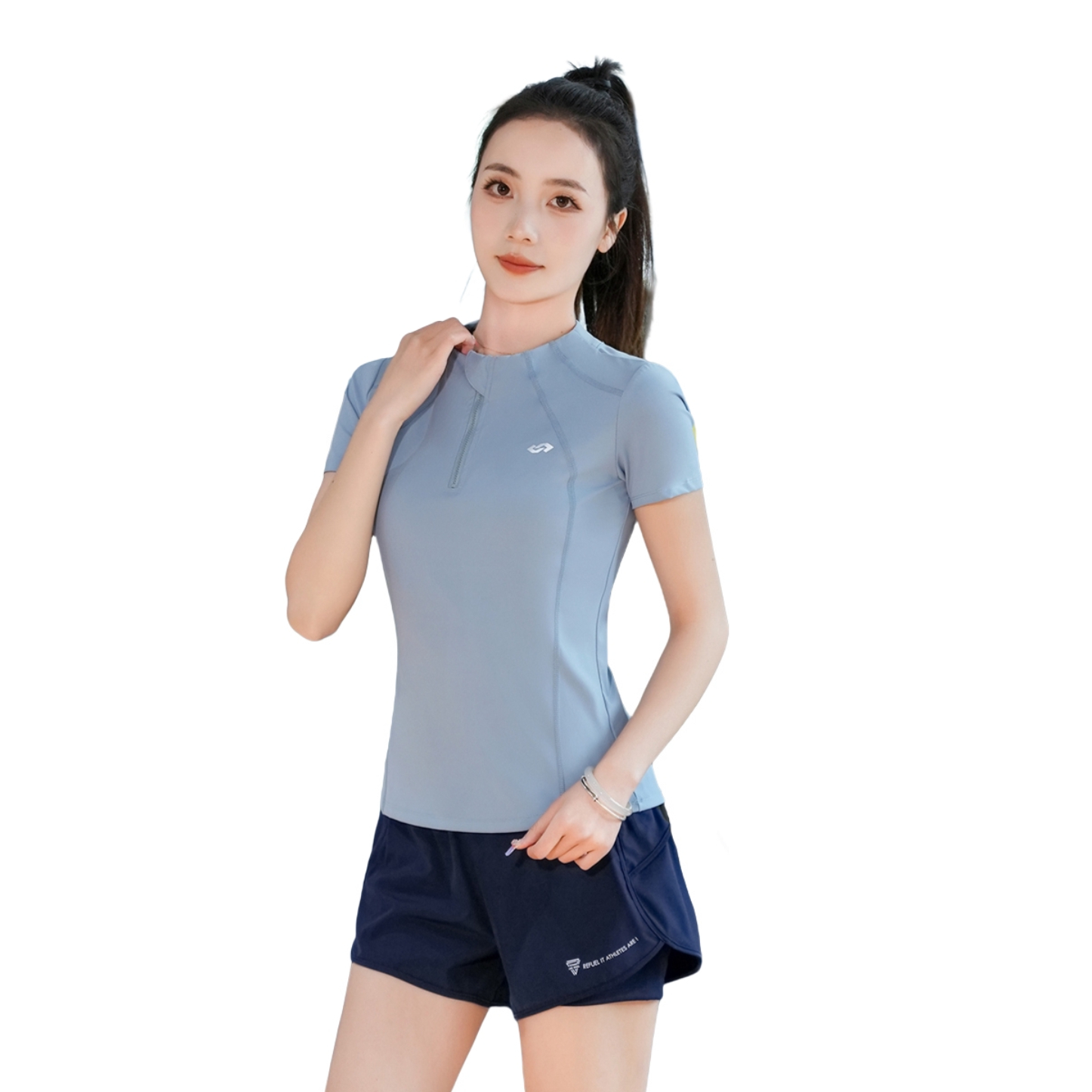 推荐商品：百思绒  速干修身短袖运动套装 女装 20031432 浅蓝两件套