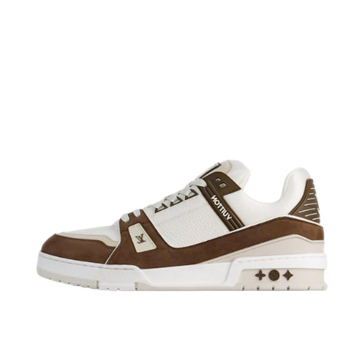 推荐商品：Louis Vuitton Trainer系列 网眼 舒适防滑 时尚潮流 圆头拼接 牛皮革 压纹 板鞋 白色/棕色