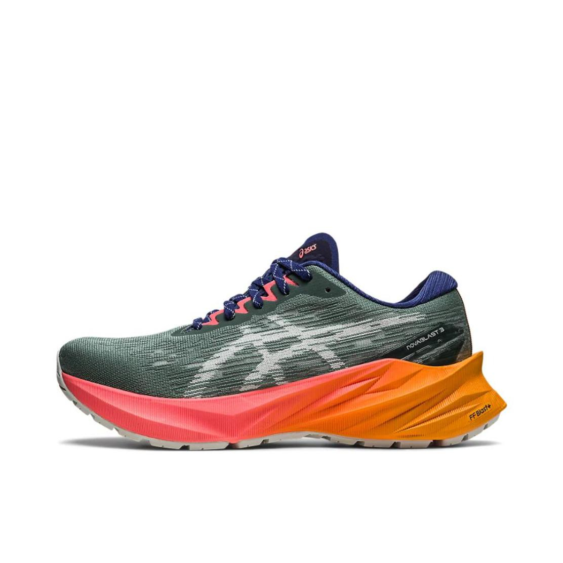 推荐商品：Asics/亚瑟士 Novablast 3 跑鞋 回弹缓震防滑支撑马拉松合成革织物网布透气碳板圆头 女款/绿色/橙色