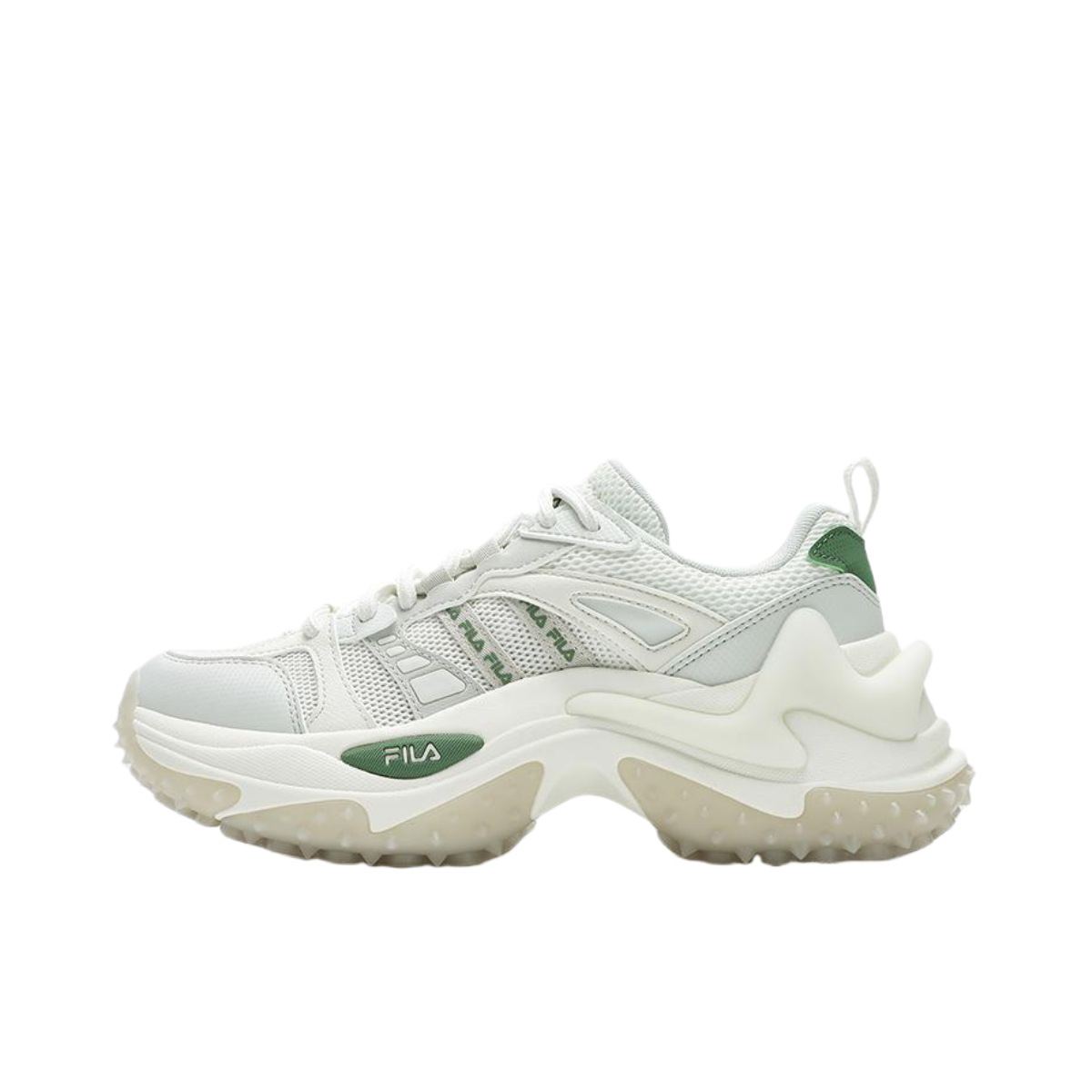 推荐商品：FILA/斐乐 鱼刺 3.0 减震回弹 防滑耐磨 厚底增高 网布 织物 合成革 防水 老爹鞋 女款/雪白色/雾珠灰绿 