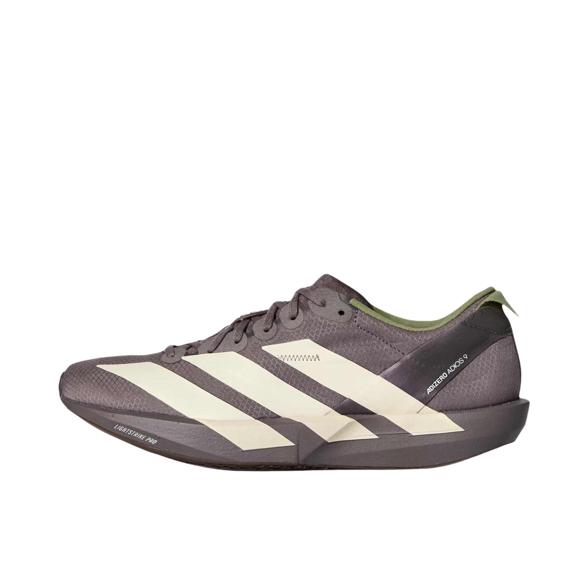 推荐商品：adidas Adizero adios 9 跑鞋 尼龙缓震稳定薄底贴合支撑 女款/大地棕灰/乳白色/帐篷绿