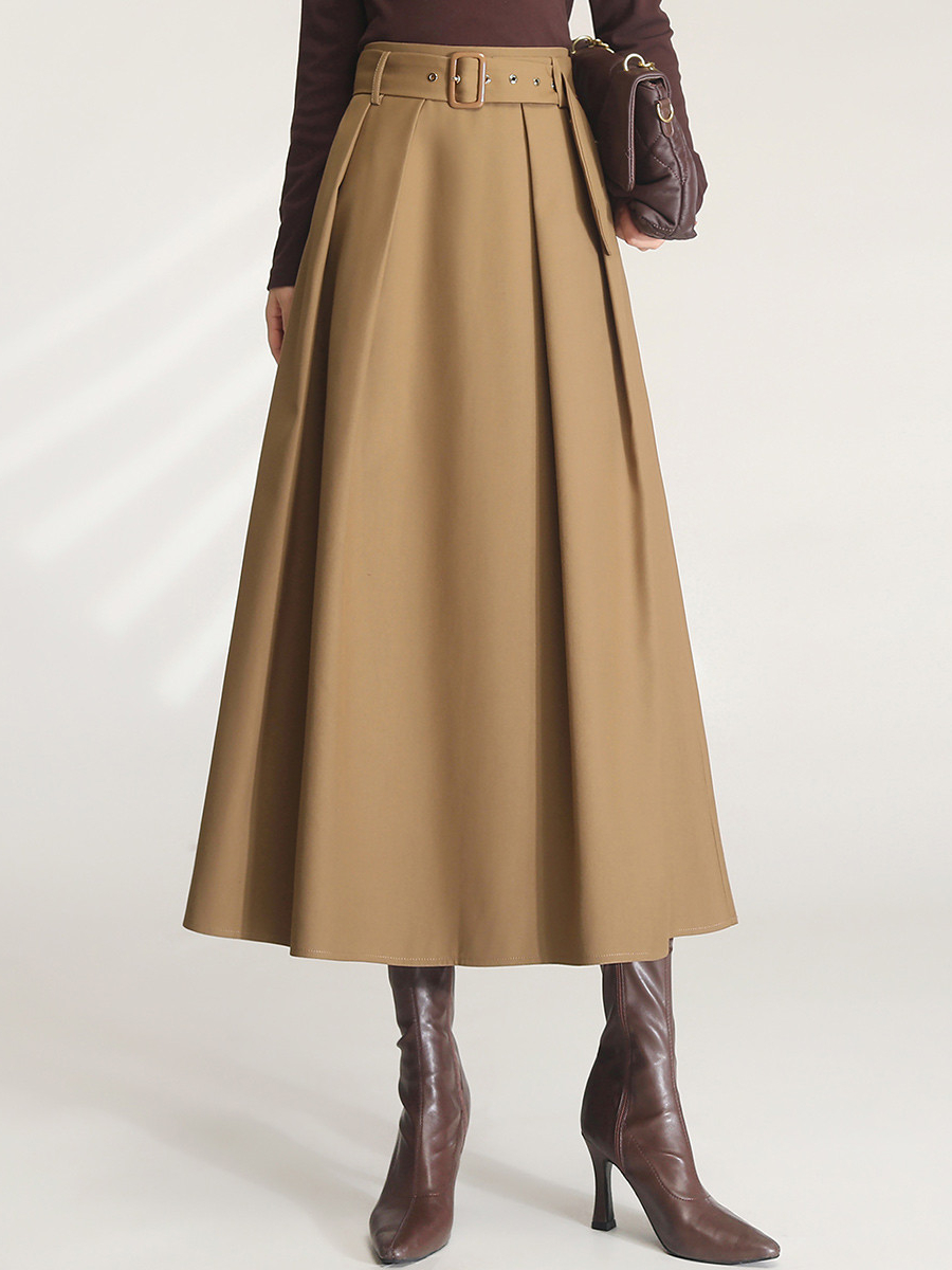 推荐商品：LOUISY AO/白鹿语 高腰压褶防风半身长裙 女装 BL30674 咖