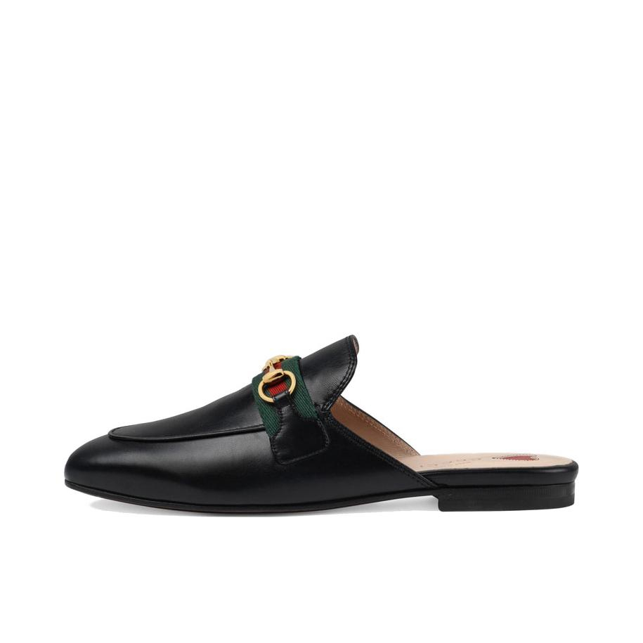 推荐商品：Gucci Princetown系列 简约百搭 时尚休闲 潮流 舒适皮革 平底 马衔扣 露跟 包头 圆头 单鞋 黑色/绿色布带