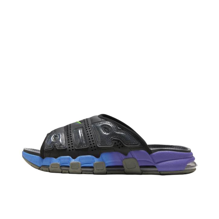 推荐商品：Nike Air More Uptempo 舒适耐磨 百搭 休闲运动 圆头 橡胶底 一字 拖鞋 黑色/蓝色