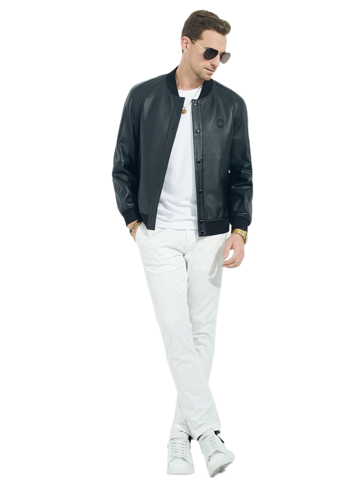 推荐商品：Raidy Boer/雷迪波尔  绵羊皮革纯色棒球领皮衣 RXKQ12014-70 黑