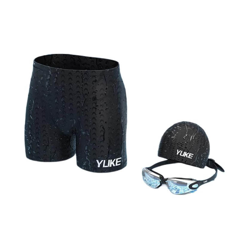 推荐商品：Yuke/羽克 鲨鱼皮五分裤泡温泉防水速干防尴尬平角泳裤 短款鲨鱼泳裤+泳帽+电镀泳镜/3件套