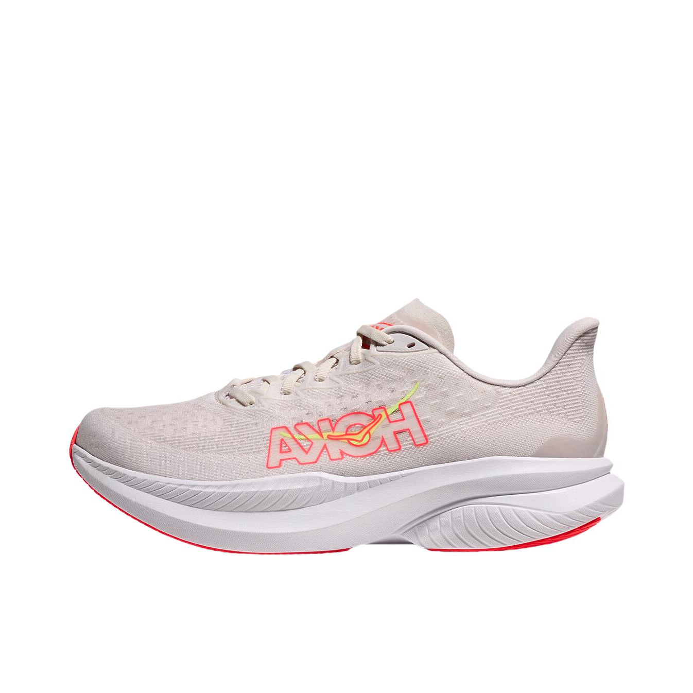 推荐商品：HOKA ONE ONE  MACH 6  舒适百搭 防滑耐磨 透气轻便 织物  跑鞋 云雾灰/亮橙色/红色