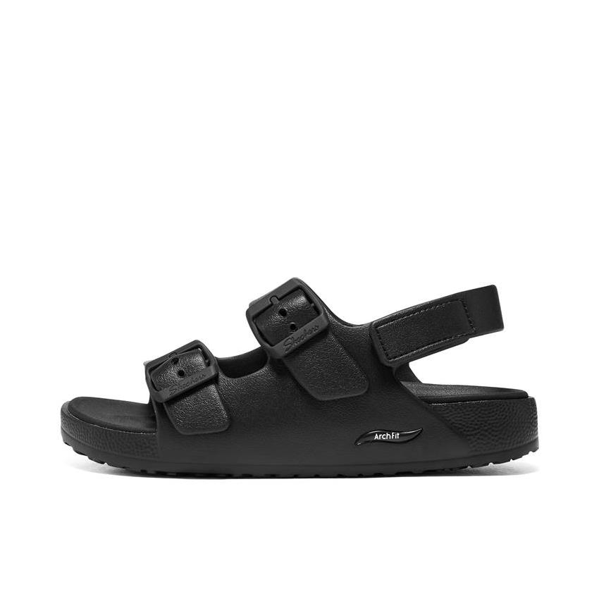 推荐商品：Skechers/斯凯奇 厚底增高 轻质软底 潮流简约 足弓支撑 运动休闲 外穿 一字 魔术贴 橡胶底 凉鞋 女款/黑色