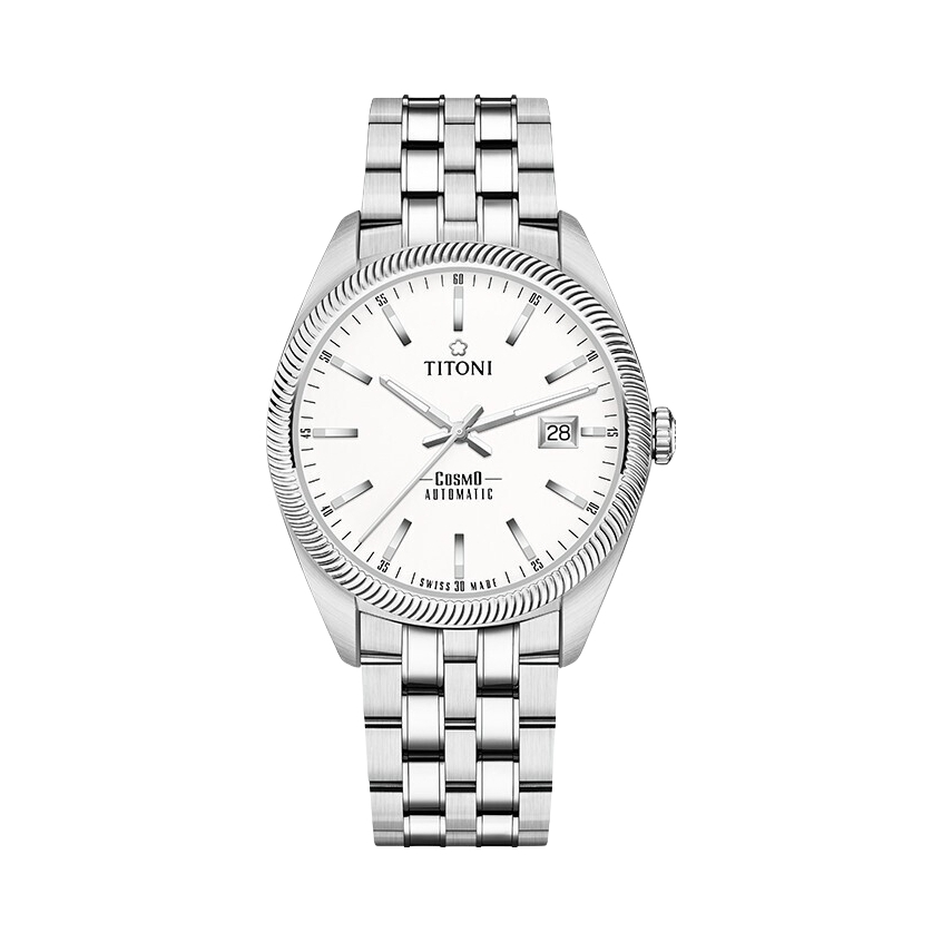 推荐商品：Titoni/梅花 宇宙系列 41mm 波纹钢带白盘防水自动机械男士手表