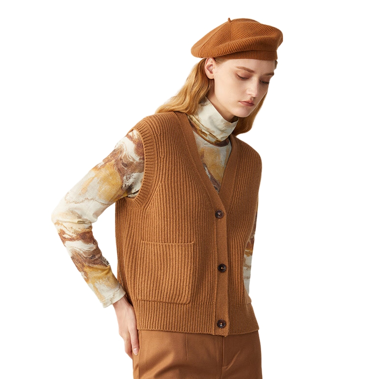 推荐商品：珍贝 V领纯羊绒针织保暖马甲 女装 D21140 驼