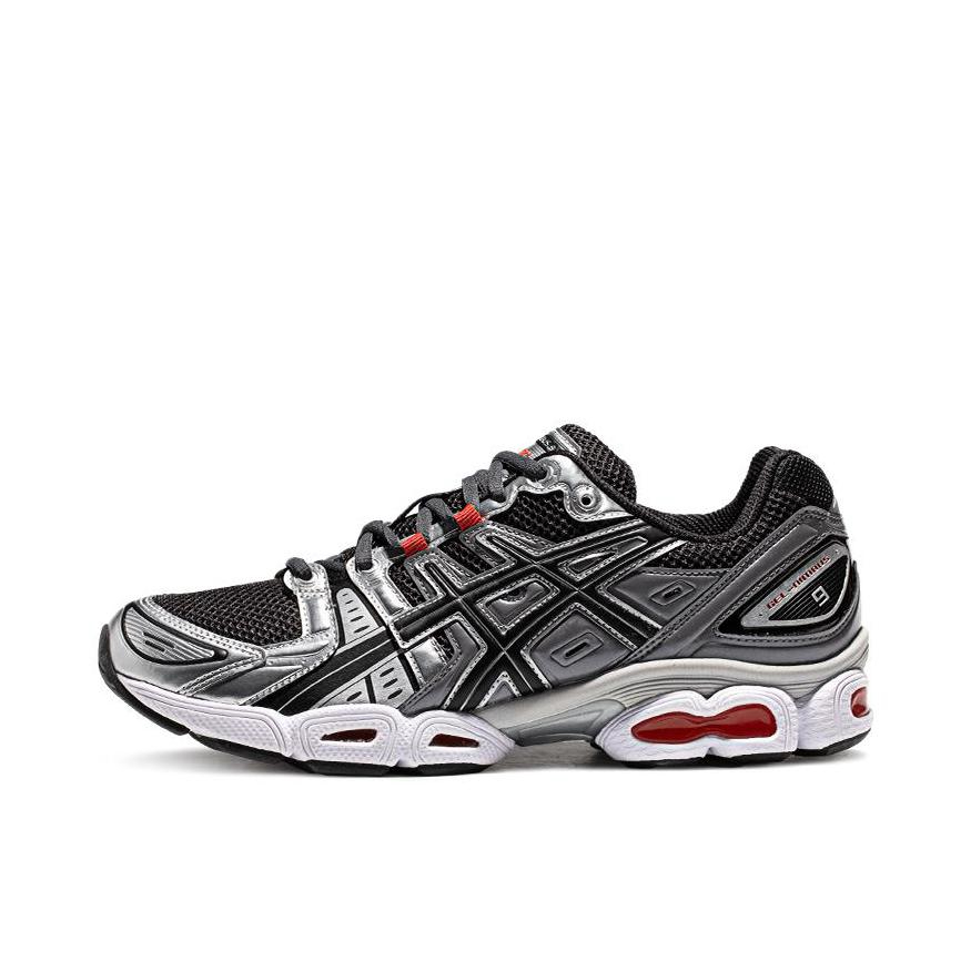 推荐商品：Asics/亚瑟士 Gel-Nimbus 9 跑鞋 减震回弹防滑耐磨网布透气合成革复古百搭圆头 黑色/灰色/银色