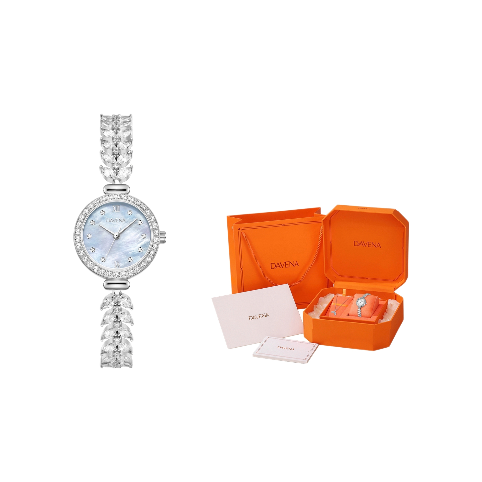 推荐商品：【鞠婧祎同款】DAVENA/蒂玮娜 闪耀奇遇系列 小巧美人鱼姬母贝盘毛绒绒镶钻职场风鱼骨链条小圆盘石英女士手表