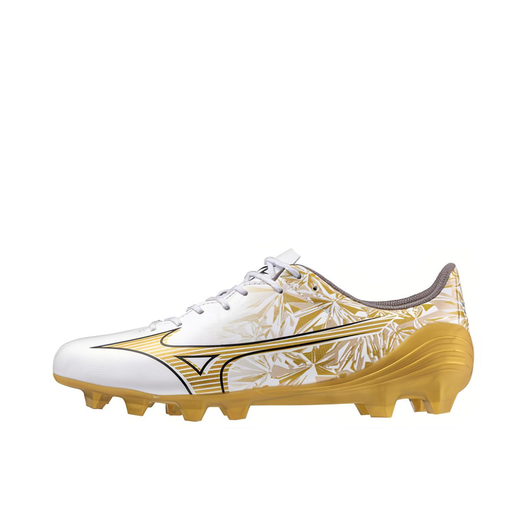 推荐商品：Mizuno/美津浓 Alpha Select FG 短钉 减震 平跟 低帮 足球鞋 白色/金色