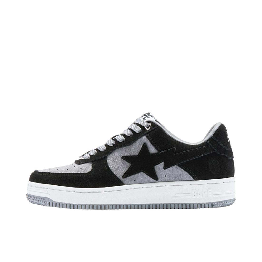 推荐商品：Bape Sta 板鞋 拼接舒适皮革防滑耐磨系带圆头时尚简约复古百搭牛皮压纹平跟徽标星星图案 黑白色