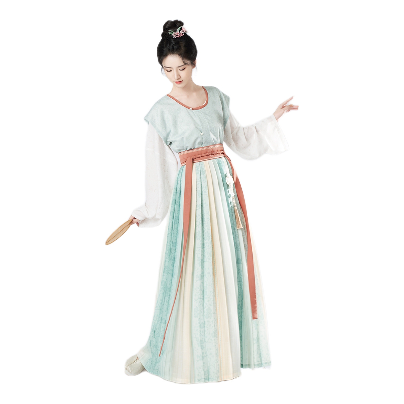 推荐商品：织造司 青釉瓶 窄袖圆领齐腰印花褶裙汉服 女装 青/四件套