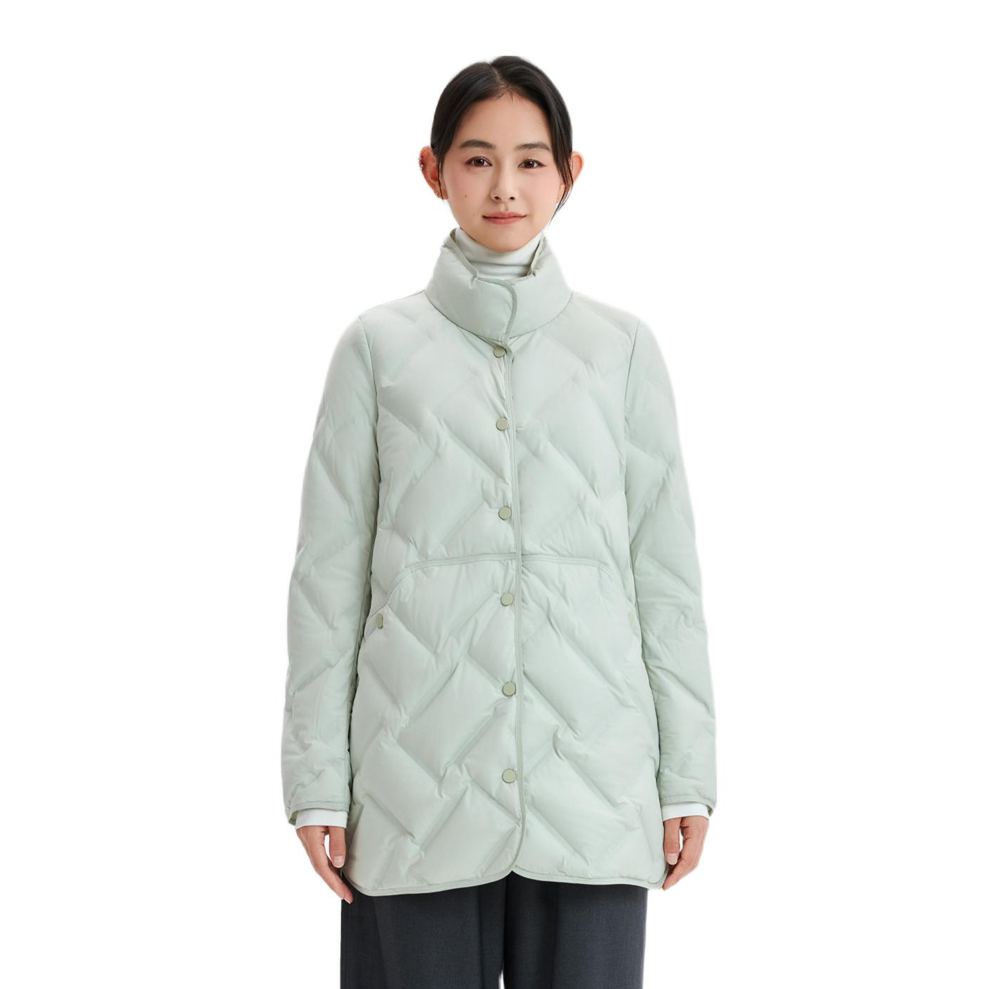 推荐商品：YUGIFTS/羽物 压胶中长款立领长袖羽绒服 女装 碧水绿