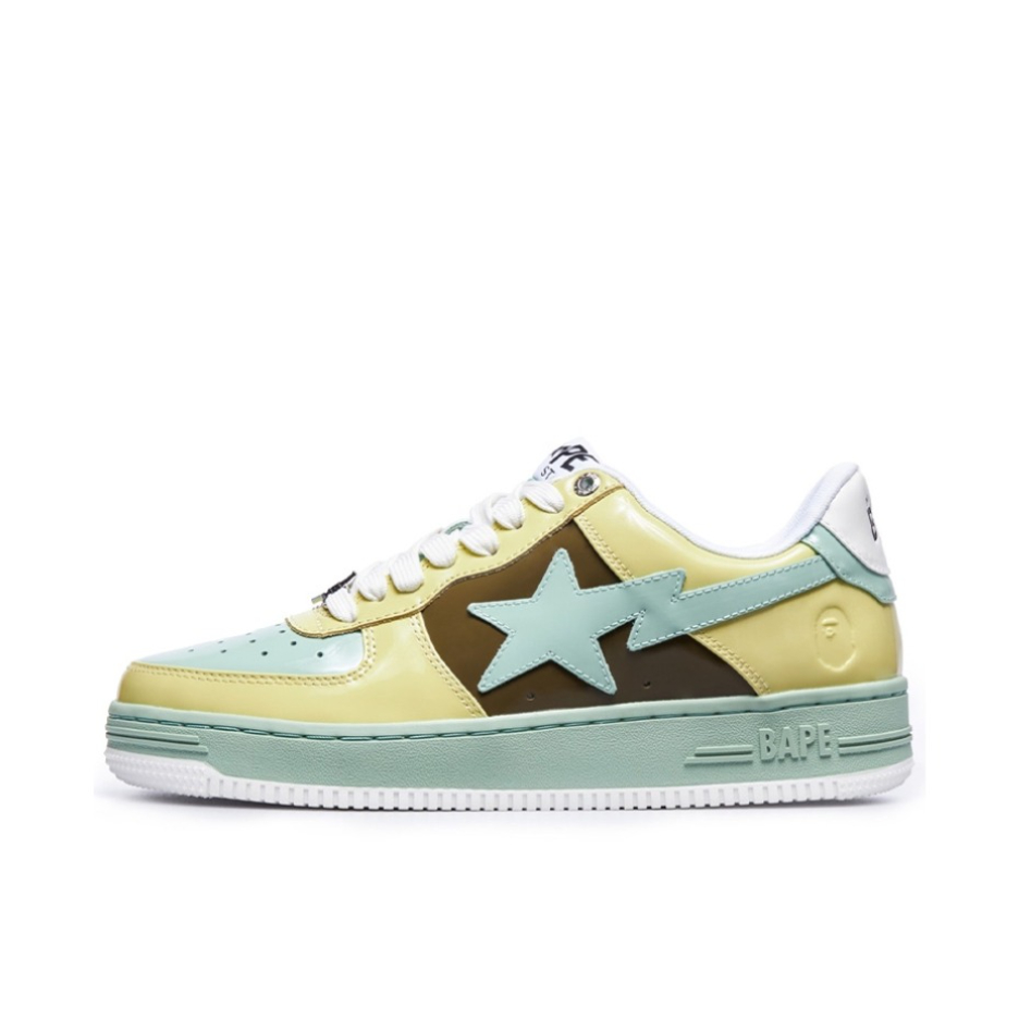 推荐商品：Bape Sta 板鞋 拼接舒适皮革防滑耐磨系带圆头时尚简约复古百搭牛皮压纹平跟徽标星星图案 黄色/棕色