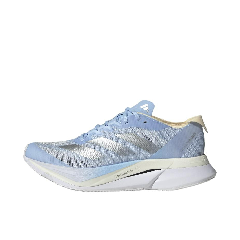 推荐商品：adidas Adizero Boston 12 跑鞋 碳板玻纤柱耐磨缓震马拉松运动支撑 符点灰/暗银金属/暖香草色