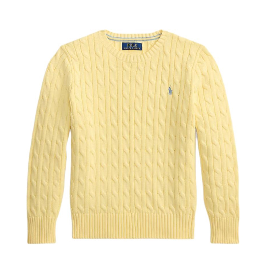 推荐商品：Ralph Lauren/拉夫劳伦童装 新年系列纯色圆领编结棉质粗绞花针织毛衣 男中大童 323702674-043 鸟黄