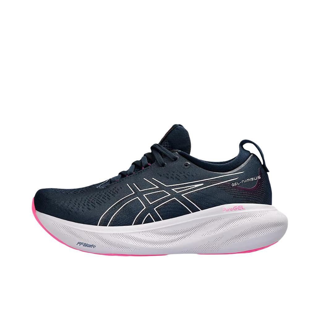 推荐商品：Asics/亚瑟士 Gel-Nimbus 25 跑鞋 稳定支撑缓震回弹舒适透气防滑耐磨防水织物轻量 深蓝色/粉色