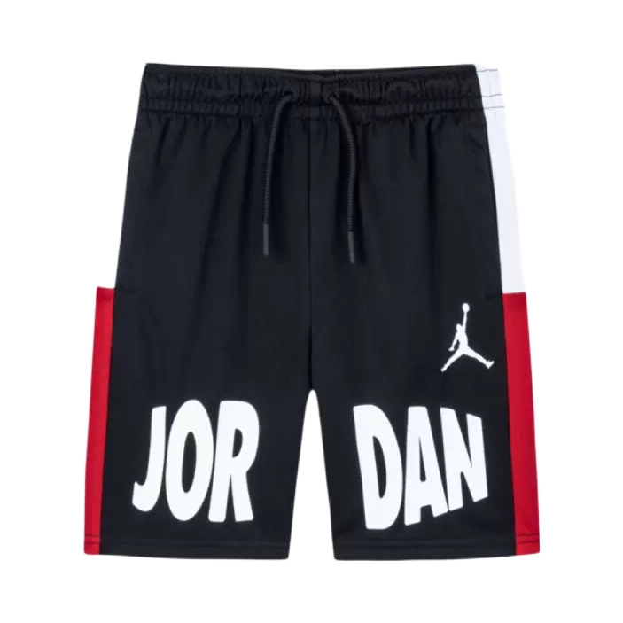 推荐商品：Jordan Brand/乔丹童装 耐磨拼接系绳LOGO假两件网眼五分运动短裤 中大童 2322035 正黑