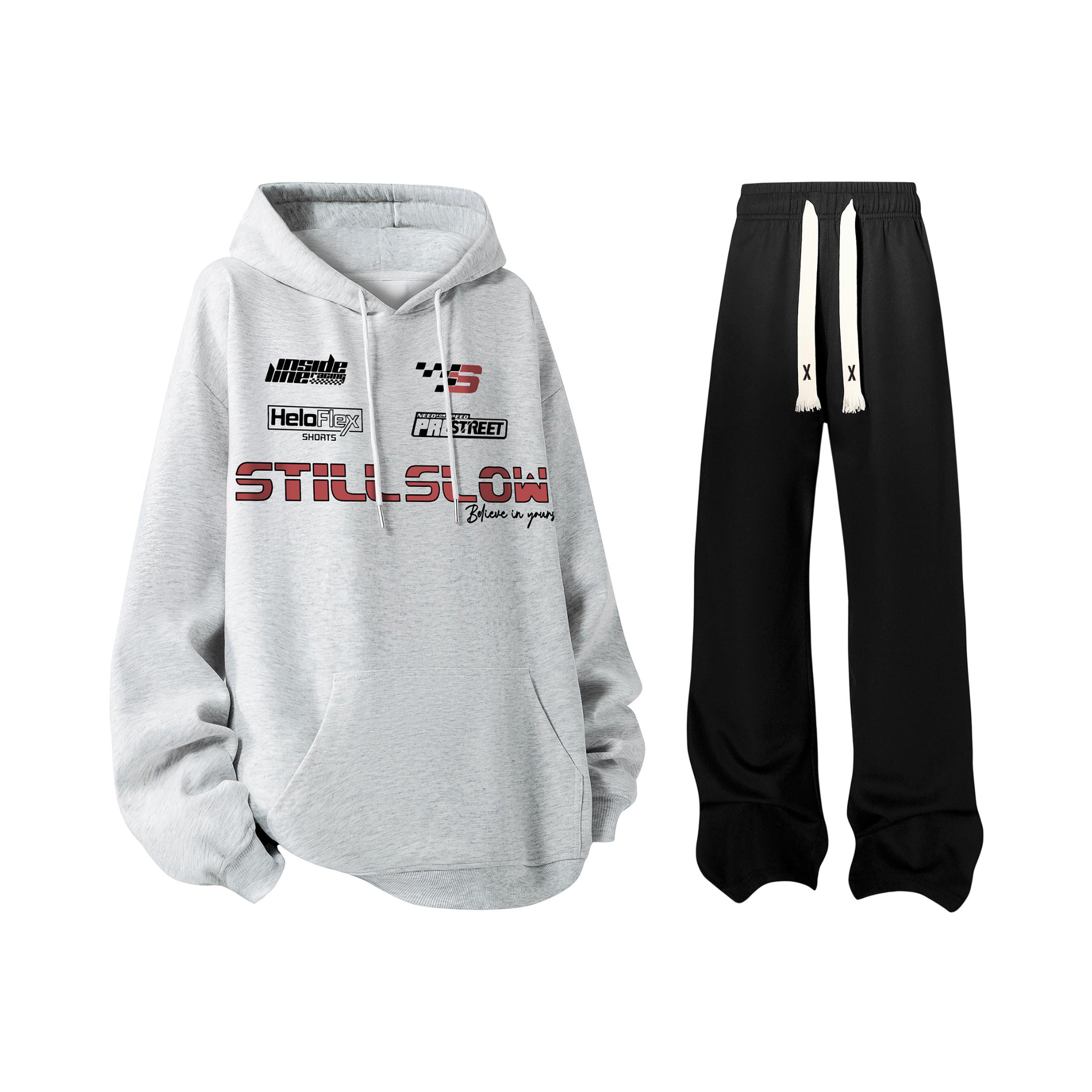 推荐商品：Stillslow  美式复古字母印花拖地系带机车风连帽落肩垂感套装 ST-0143-W888-0143-K097- 男女同款 st0545 高灰卫衣+黑休闲裤