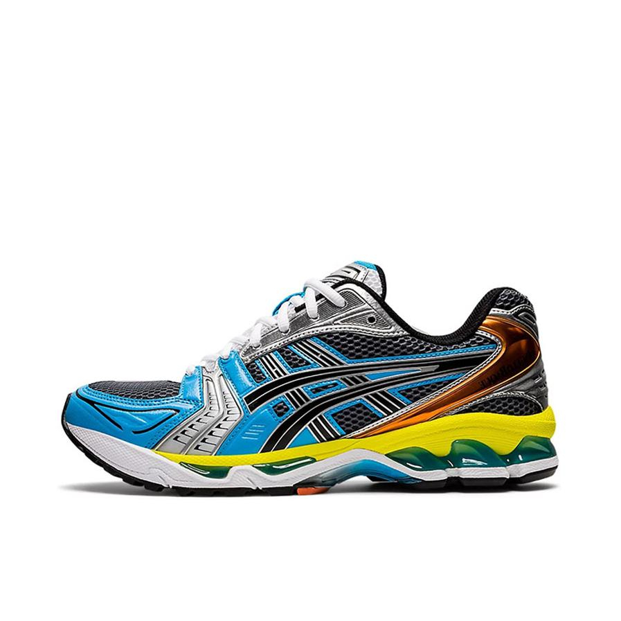 推荐商品：Asics/亚瑟士 Gel-Kayano 14 舒适减震 防滑耐磨 网面 百搭复古 慢跑 跑鞋 Angelo Baqu联名/蓝色/黑色/黄色