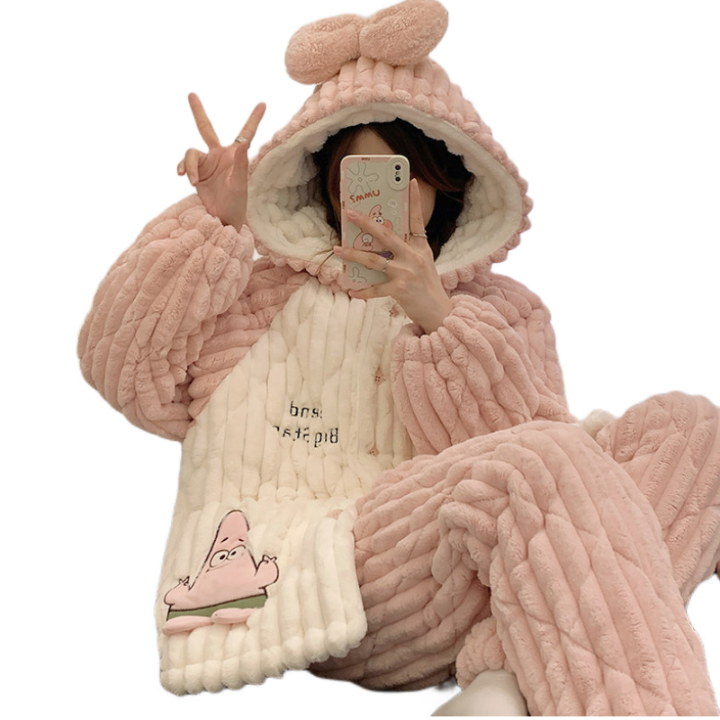 推荐商品：OUSHIBO/欧诗帛 加绒加厚长袖睡衣 女装 96367 粉海星 