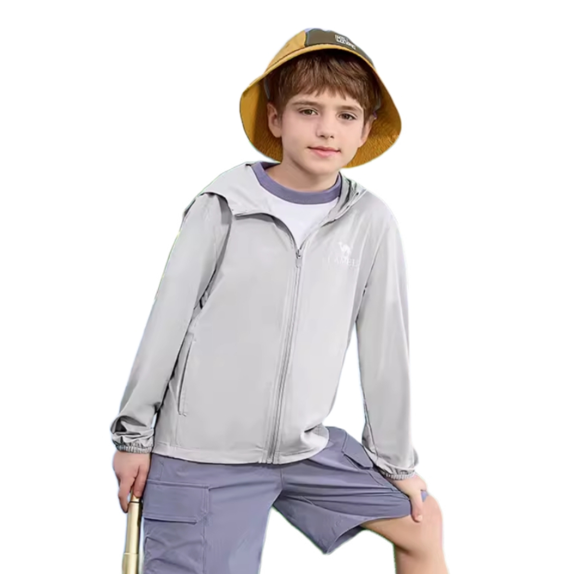 推荐商品：Camel/骆驼 童装  UPF50+ 原纱冰丝防紫外线透气速干冷白皮冰感凉感轻薄防晒衣 中大童女童 D64BAEO038 灰