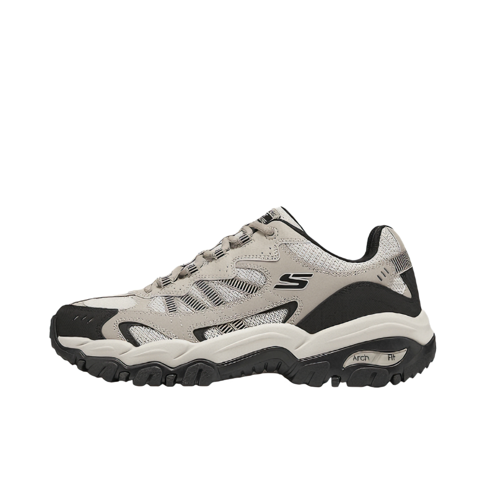 推荐商品：Skechers/斯凯奇 醒山2.0 户外鞋 登山鞋 徒步鞋 越野跑鞋 抓地耐磨休闲厚底 灰色/黑色