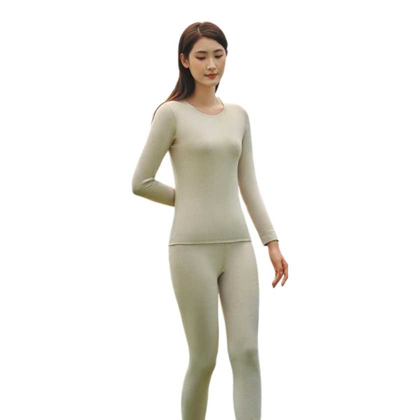 推荐商品：好波  羊绒蚕丝加绒加厚修身圆领保暖内衣套装 女装 HT2304 燕麦