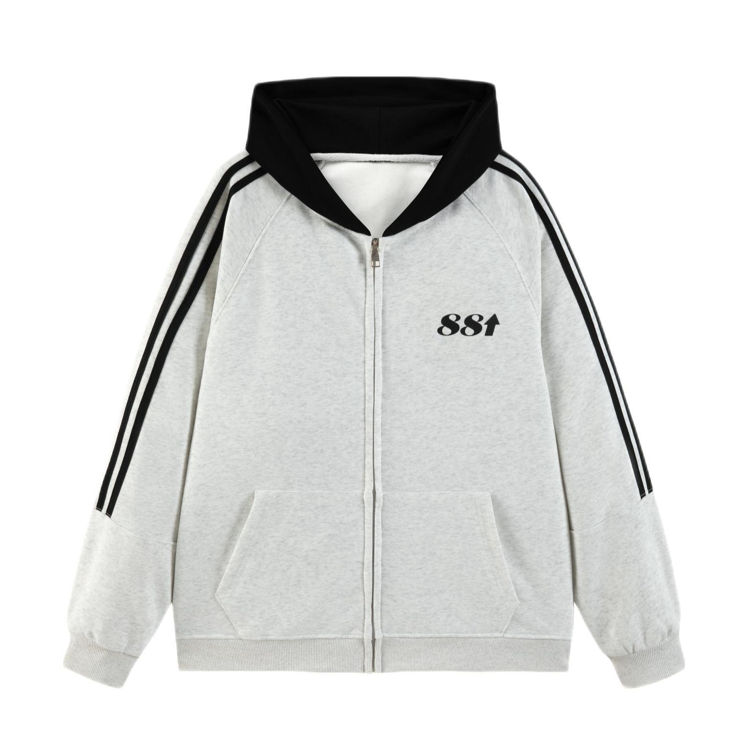 88rising 美式字母LOGO印花拼接条纹织带撞色开衫连帽卫衣 男女同款 88N24329433 加绒/花灰