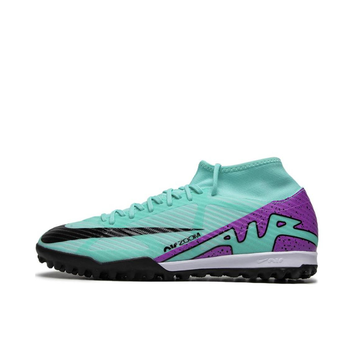 推荐商品：Nike Zoom Mercurial Superfly 9 Academy TF 中端 胶质碎钉 硬草地人造草地 圆头 足球鞋 青色/紫色/黑色