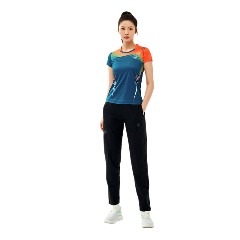 推荐商品：butiky/速迈 速干透气拼色羽毛球服 SM1060 上装墨蓝+下装黑长裤