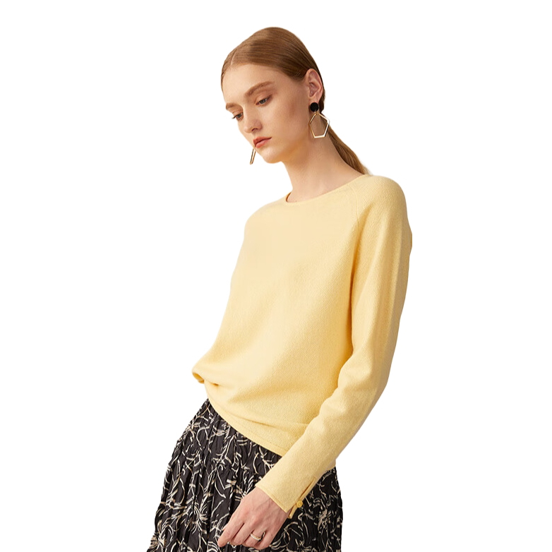 推荐商品：珍贝 纯色纯羊绒圆领长袖薄款针织衫 女装 D21085 温婉杏黄