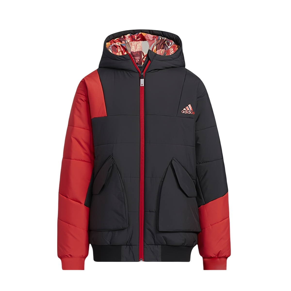 推荐商品：Adidas/阿迪达斯 童装 新年款背面大Logo印花拼色连帽棉服 中大童 浅猩红