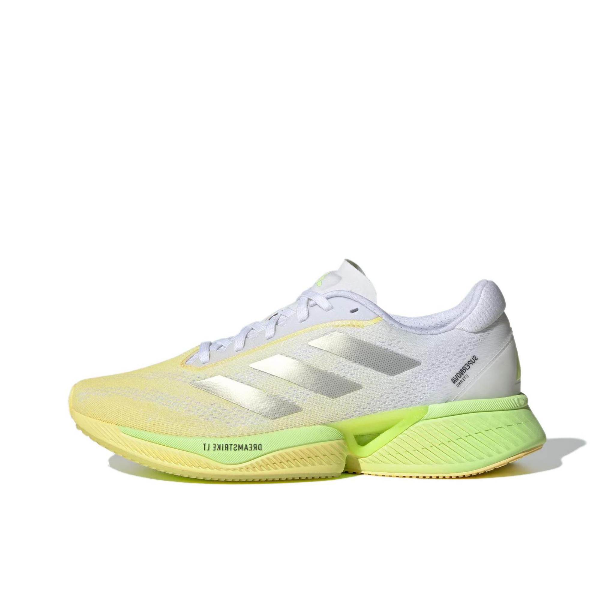 推荐商品：adidas Supernova Eterno 跑鞋 织物回弹减震防滑耐磨慢跑体测训练轻便 女款/白色/亮金属铁灰/黄色