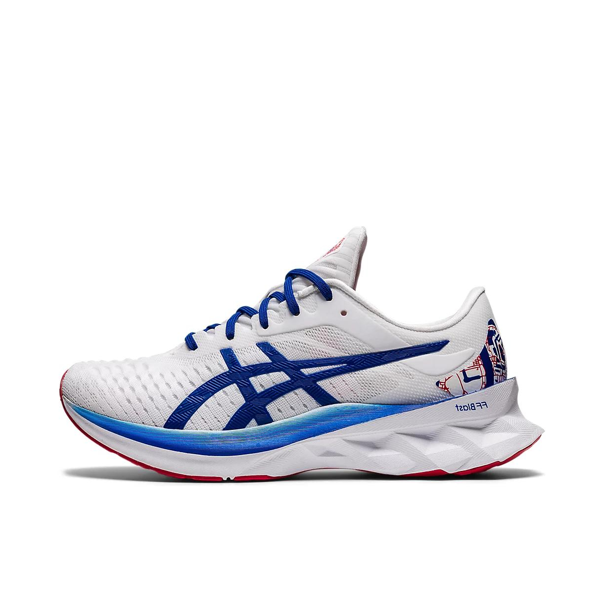 推荐商品：Asics/亚瑟士 Novablast 跑鞋 防滑耐磨舒适透气轻量回弹百搭复古织物支撑 女款/白色/蓝色/红色