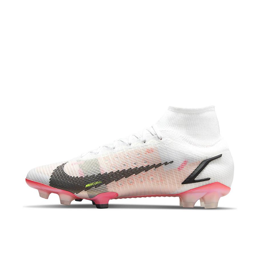 推荐商品：Nike Mercurial Superfly 8 Elite FG 顶级 胶质长钉 天然草地 减震防滑耐磨 足球鞋 白色/淡粉