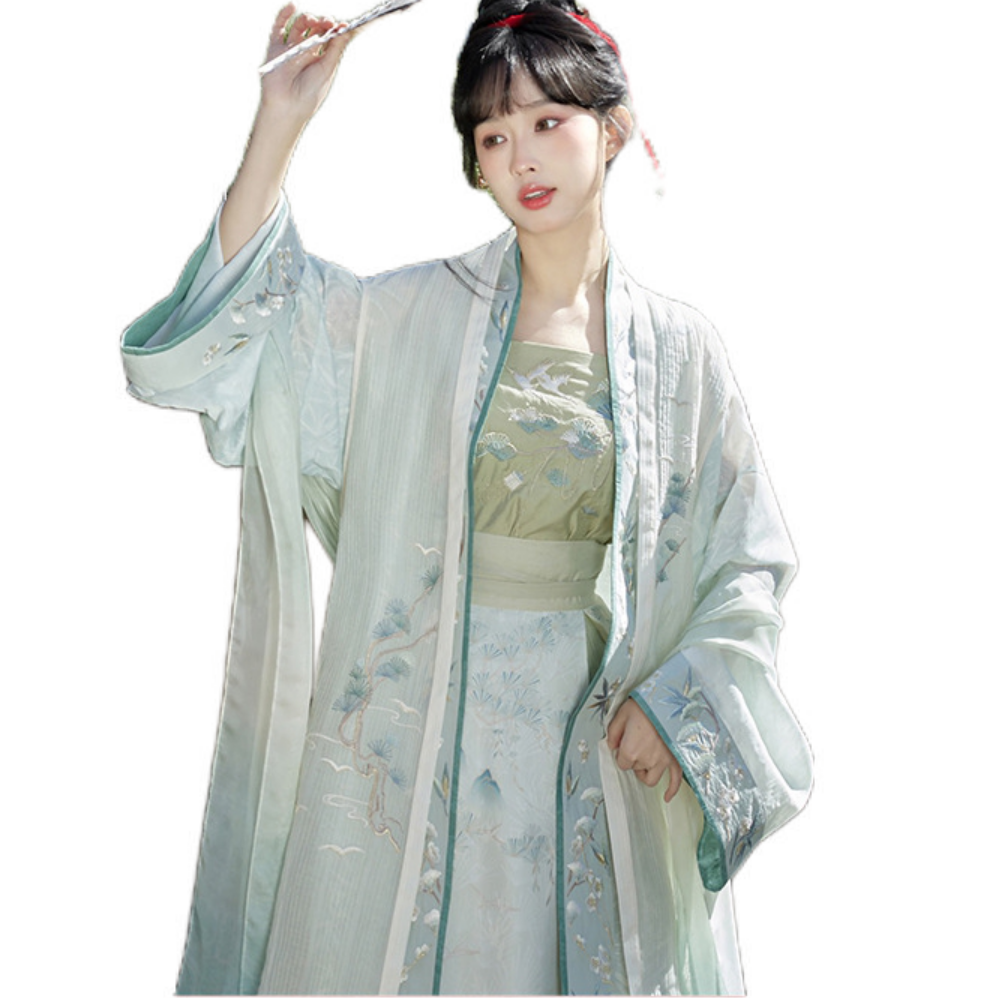 推荐商品：七月夕青玉枝 宋制绣花吊带对襟长褙子背心三裥裙汉服 女装 绿/套装
