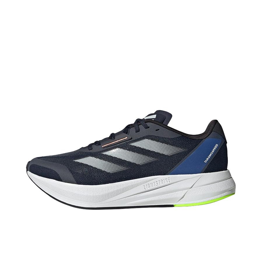 推荐商品：adidas Duramo Speed 跑鞋 减震回弹轻便防滑耐磨网面透气碳板备赛短跑稳定圆头 黑色/蓝色/银色