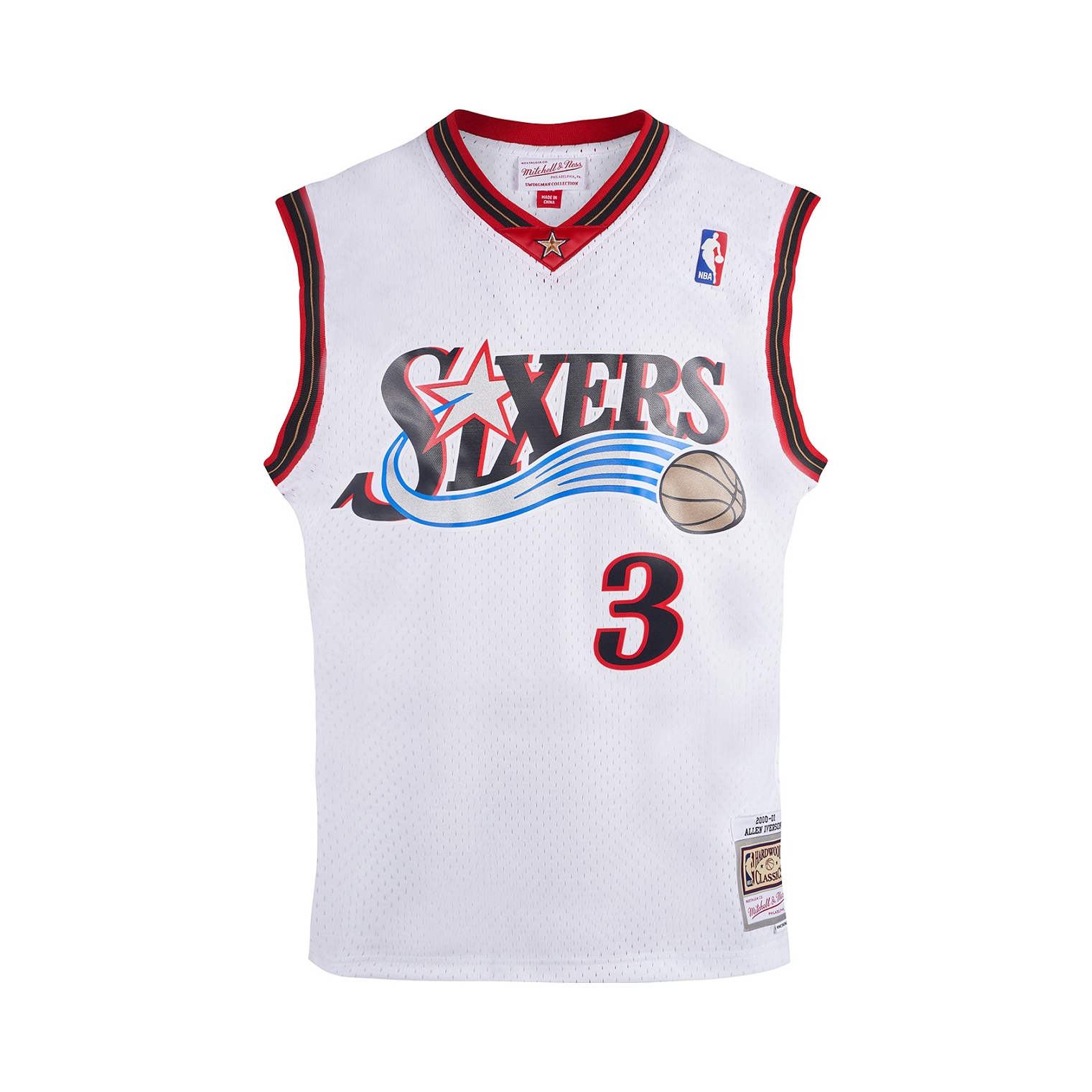 Mitchell Ness NBA艾弗森 76人队网眼刺绣无袖SW复古球衣赛季篮球服