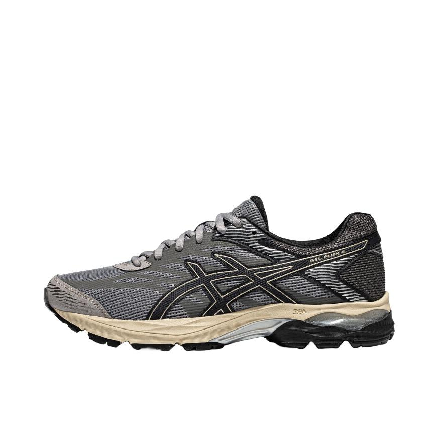 推荐商品：Asics/亚瑟士 Gel-Flux 4 跑鞋 包裹性舒适缓冲复古越野短跑慢跑织物轻量回弹合成革运动  灰色/黑色