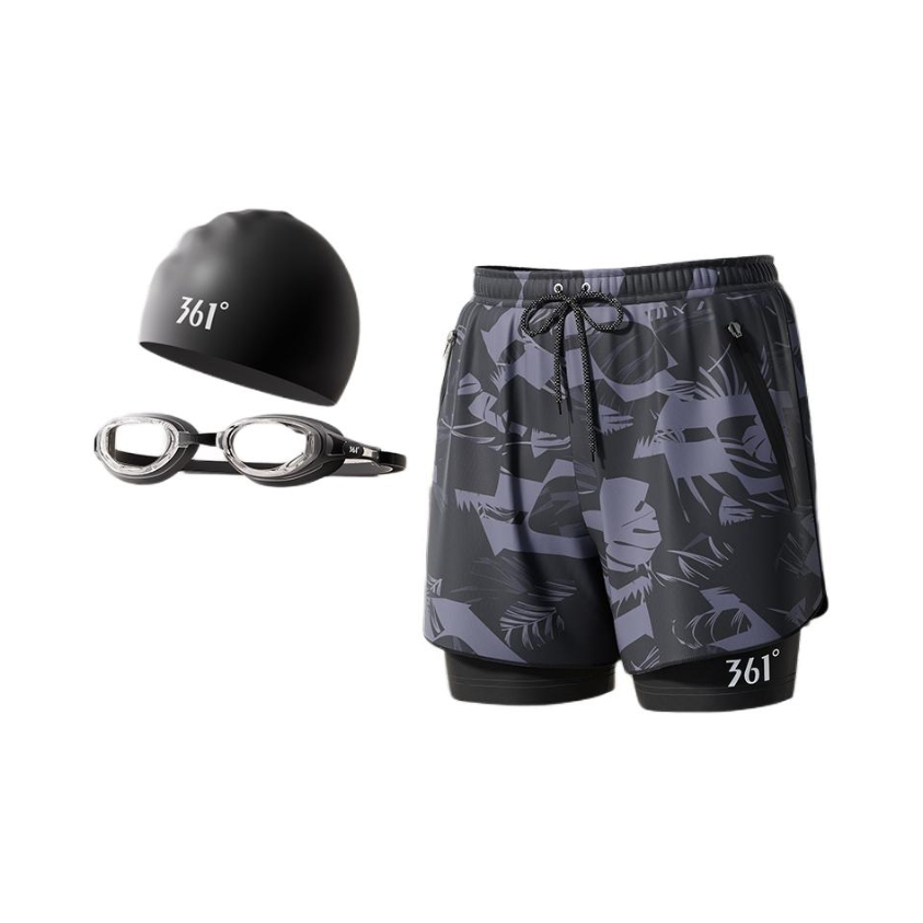 推荐商品：361° 加大双层加肥假两件防尴尬游泳装备松紧泡温泉速干五分平角泳裤 SLY224219 褐棕榈泳裤+硅胶泳帽+泳镜/3件套